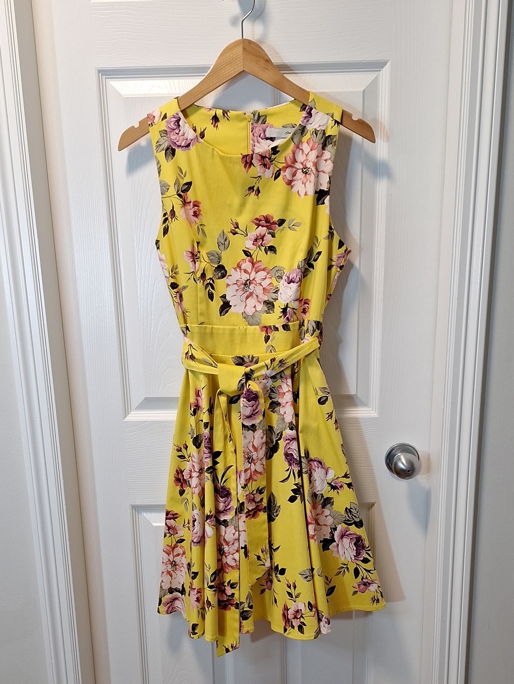 Yellow Floral Fit-and-Flare Dress with Tie Waist.